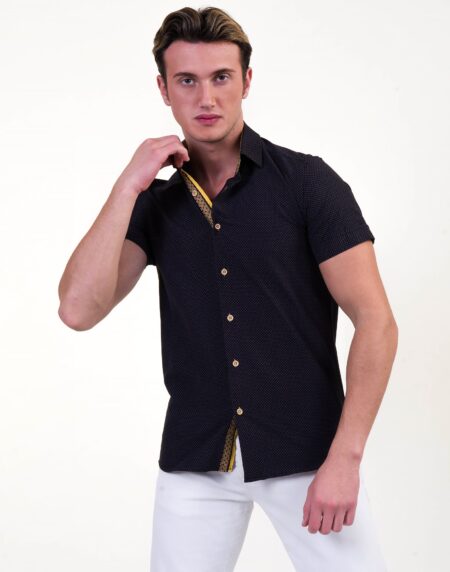 Black and Gold Mens Short Sleeve Button up Shirts – Tailored Slim Fit Cotton Dress Shirts