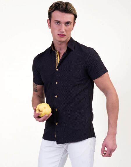 Black and Gold Mens Short Sleeve Button up Shirts – Tailored Slim Fit Cotton Dress Shirts