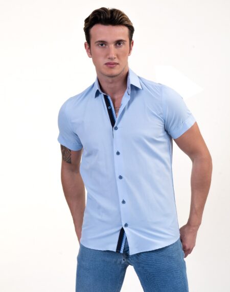Soft Light Blue Mens Short Sleeve Button up Shirts – Tailored Slim Fit Cotton Dress Shirts