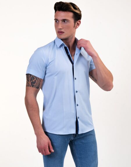 Soft Light Blue Mens Short Sleeve Button up Shirts – Tailored Slim Fit Cotton Dress Shirts