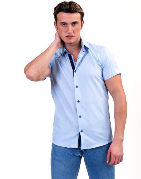 Soft Light Blue Mens Short Sleeve Button up Shirts – Tailored Slim Fit Cotton Dress Shirts