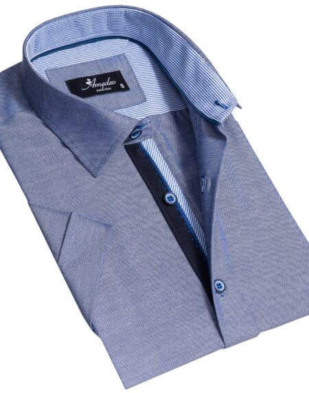 Solid Denim Blue Mens Short Sleeve Button up Shirts – Tailored Slim Fit Cotton Dress Shirts