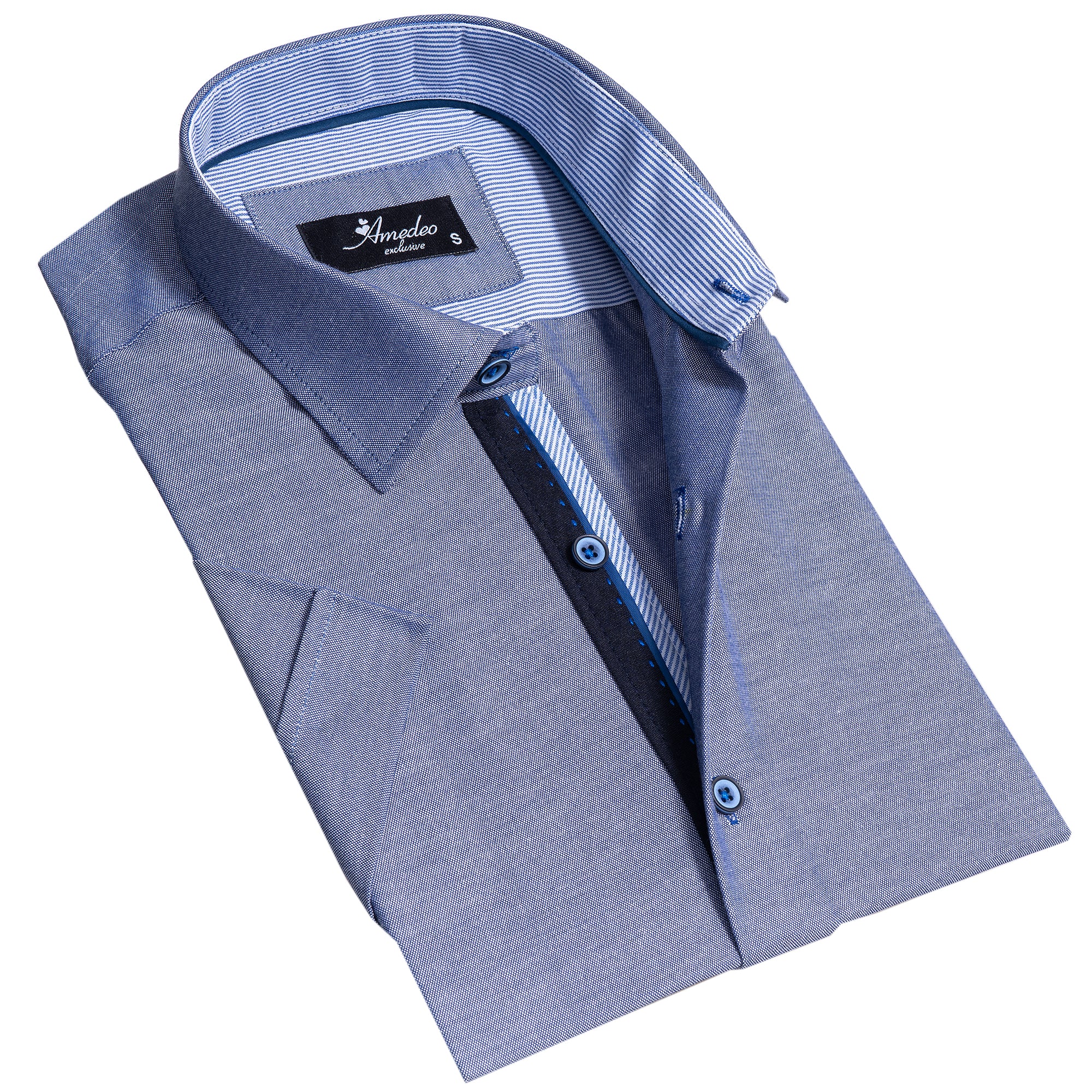 Solid Denim Blue Mens Short Sleeve Button up Shirts – Tailored Slim Fit Cotton Dress Shirts