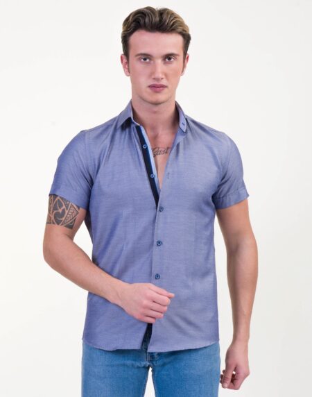 Solid Denim Blue Mens Short Sleeve Button up Shirts – Tailored Slim Fit Cotton Dress Shirts