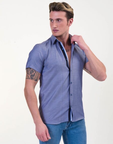 Solid Denim Blue Mens Short Sleeve Button up Shirts – Tailored Slim Fit Cotton Dress Shirts