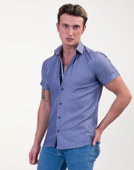 Solid Denim Blue Mens Short Sleeve Button up Shirts – Tailored Slim Fit Cotton Dress Shirts