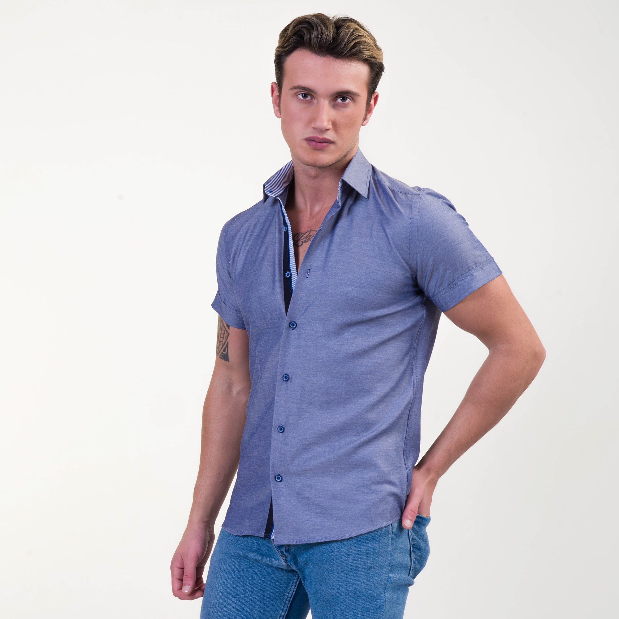 Solid Denim Blue Mens Short Sleeve Button up Shirts - Tailored Slim Fit Cotton Dress Shirts - Image 3
