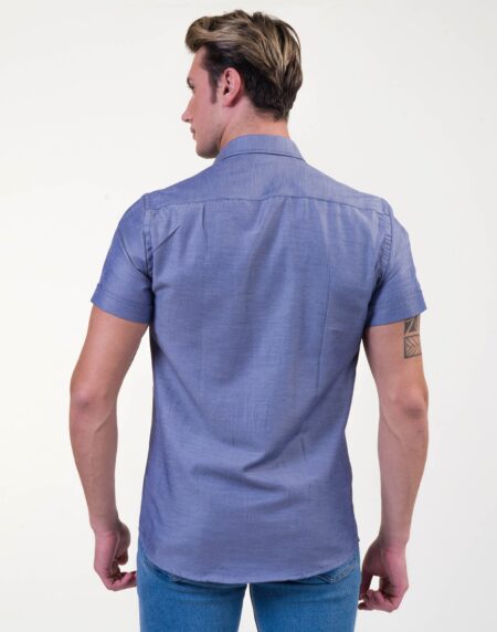 Solid Denim Blue Mens Short Sleeve Button up Shirts – Tailored Slim Fit Cotton Dress Shirts