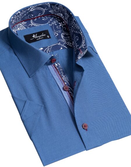 Rich Blue Mens Short Sleeve Button up Shirts – Tailored Slim Fit Cotton Dress Shirts
