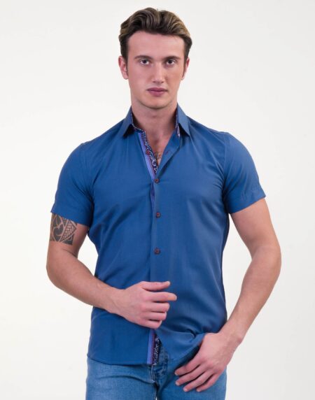 Rich Blue Mens Short Sleeve Button up Shirts – Tailored Slim Fit Cotton Dress Shirts