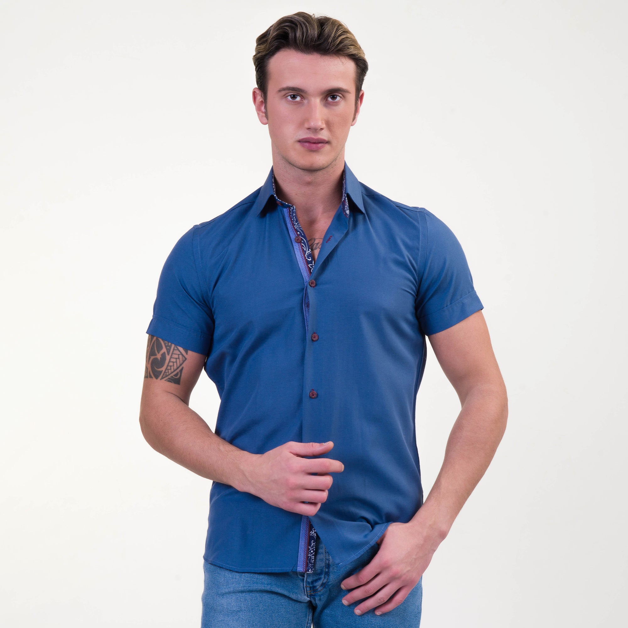 Rich Blue Mens Short Sleeve Button up Shirts - Tailored Slim Fit Cotton Dress Shirts - Image 2