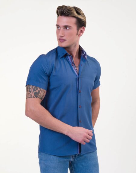 Rich Blue Mens Short Sleeve Button up Shirts – Tailored Slim Fit Cotton Dress Shirts