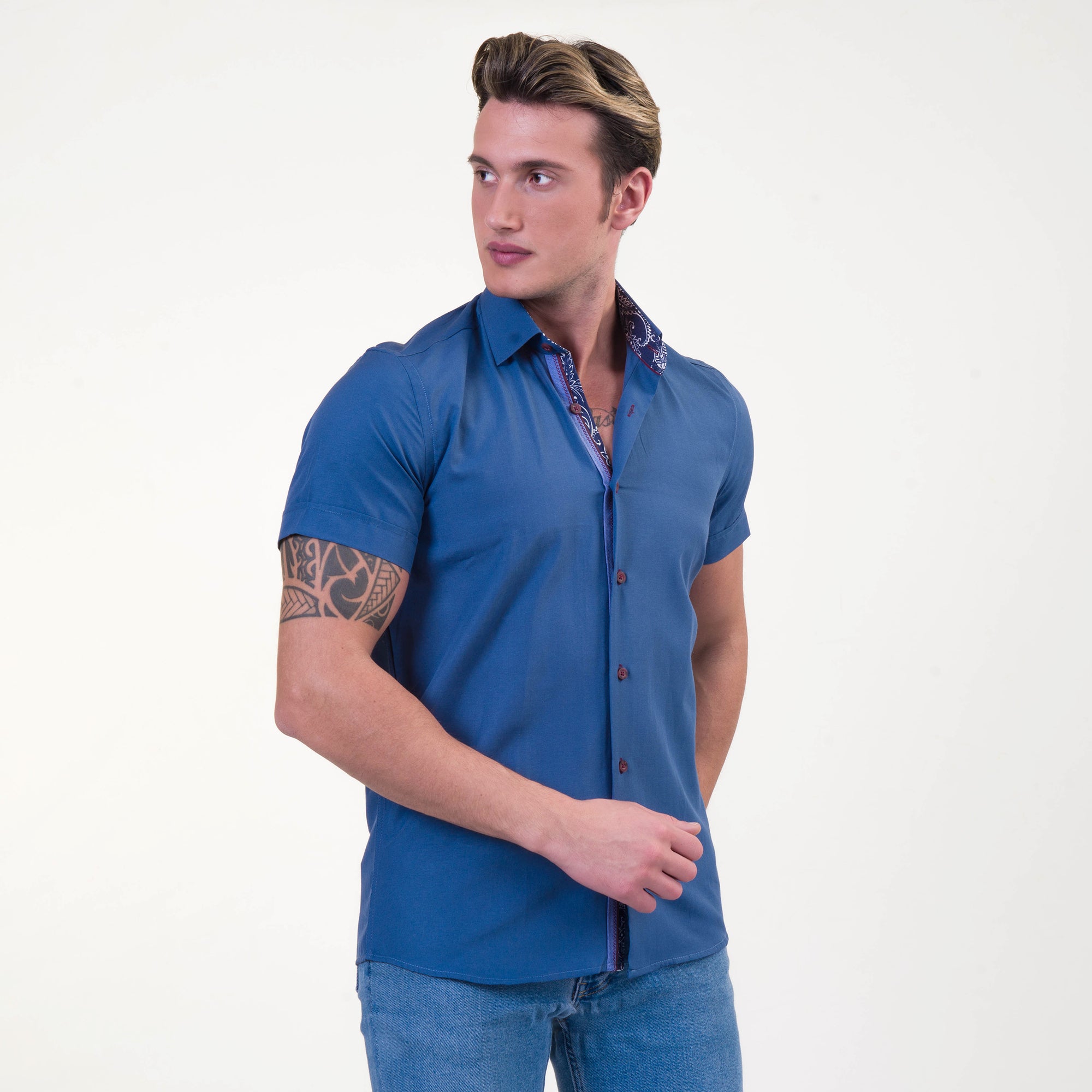 Rich Blue Mens Short Sleeve Button up Shirts - Tailored Slim Fit Cotton Dress Shirts - Image 3