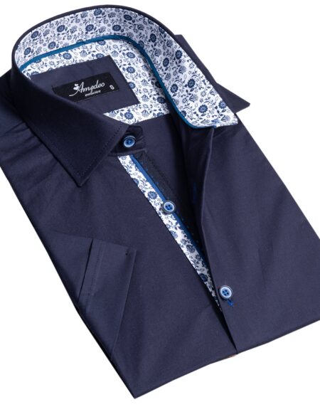 Midnight Blue Mens Short Sleeve Button up Shirts – Tailored Slim Fit Cotton Dress Shirts