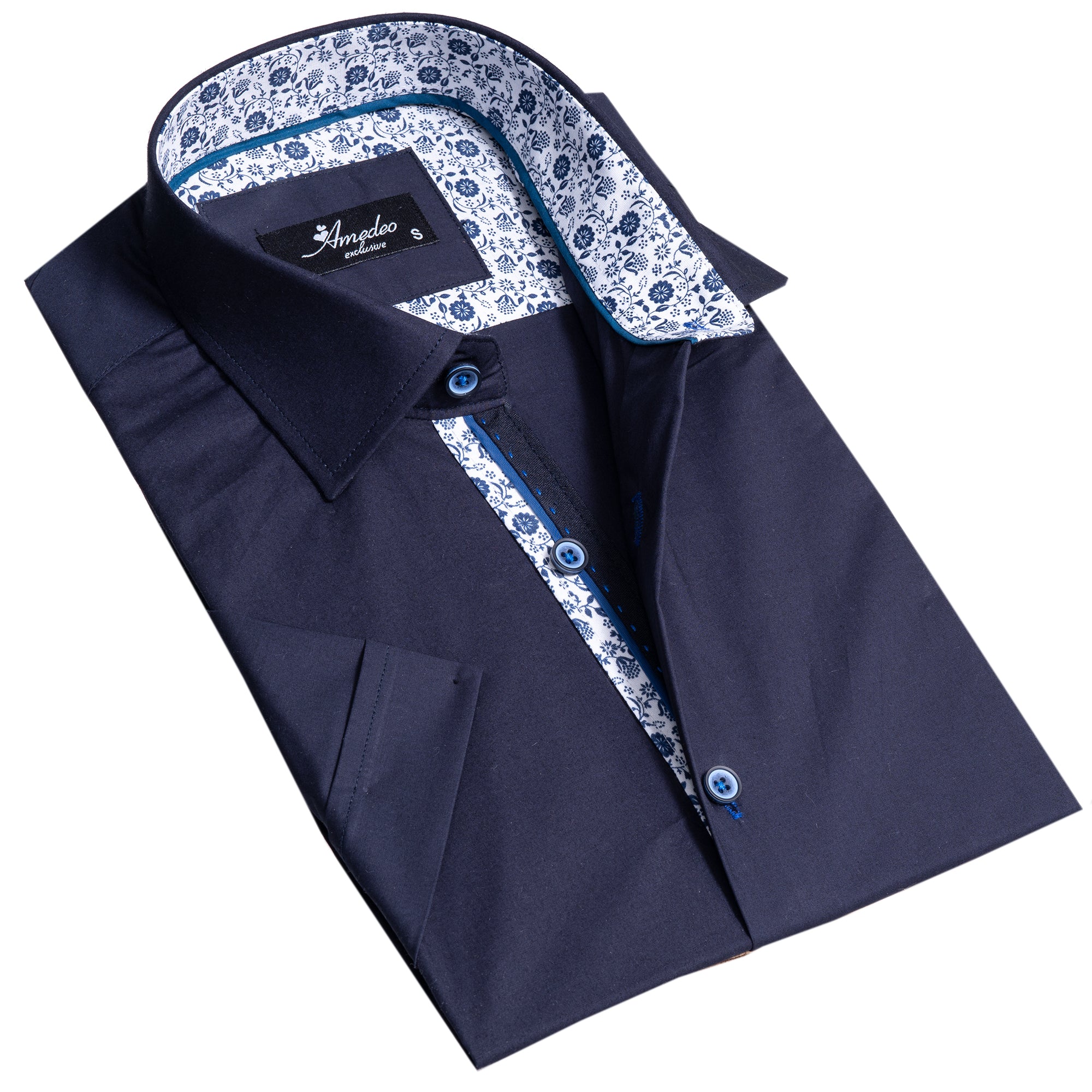 Midnight Blue Mens Short Sleeve Button up Shirts – Tailored Slim Fit Cotton Dress Shirts