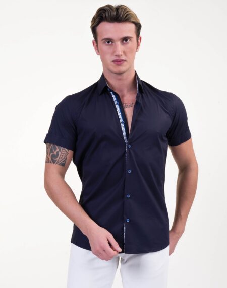 Midnight Blue Mens Short Sleeve Button up Shirts – Tailored Slim Fit Cotton Dress Shirts