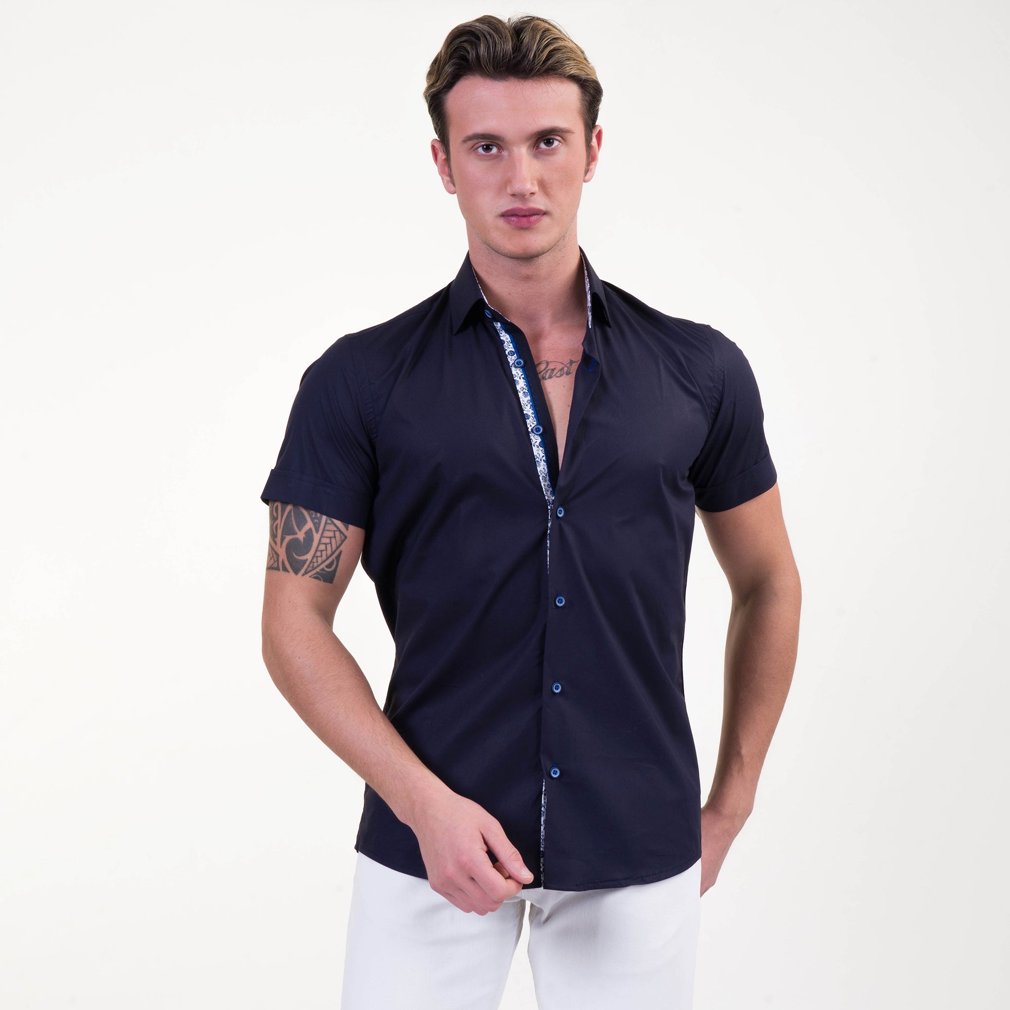 Midnight Blue Mens Short Sleeve Button up Shirts - Tailored Slim Fit Cotton Dress Shirts - Image 2