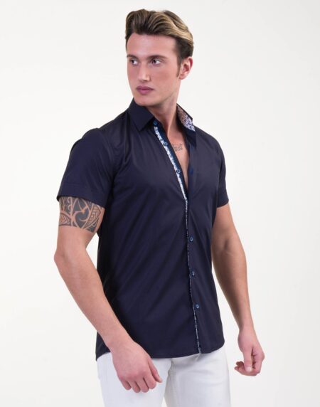 Midnight Blue Mens Short Sleeve Button up Shirts – Tailored Slim Fit Cotton Dress Shirts