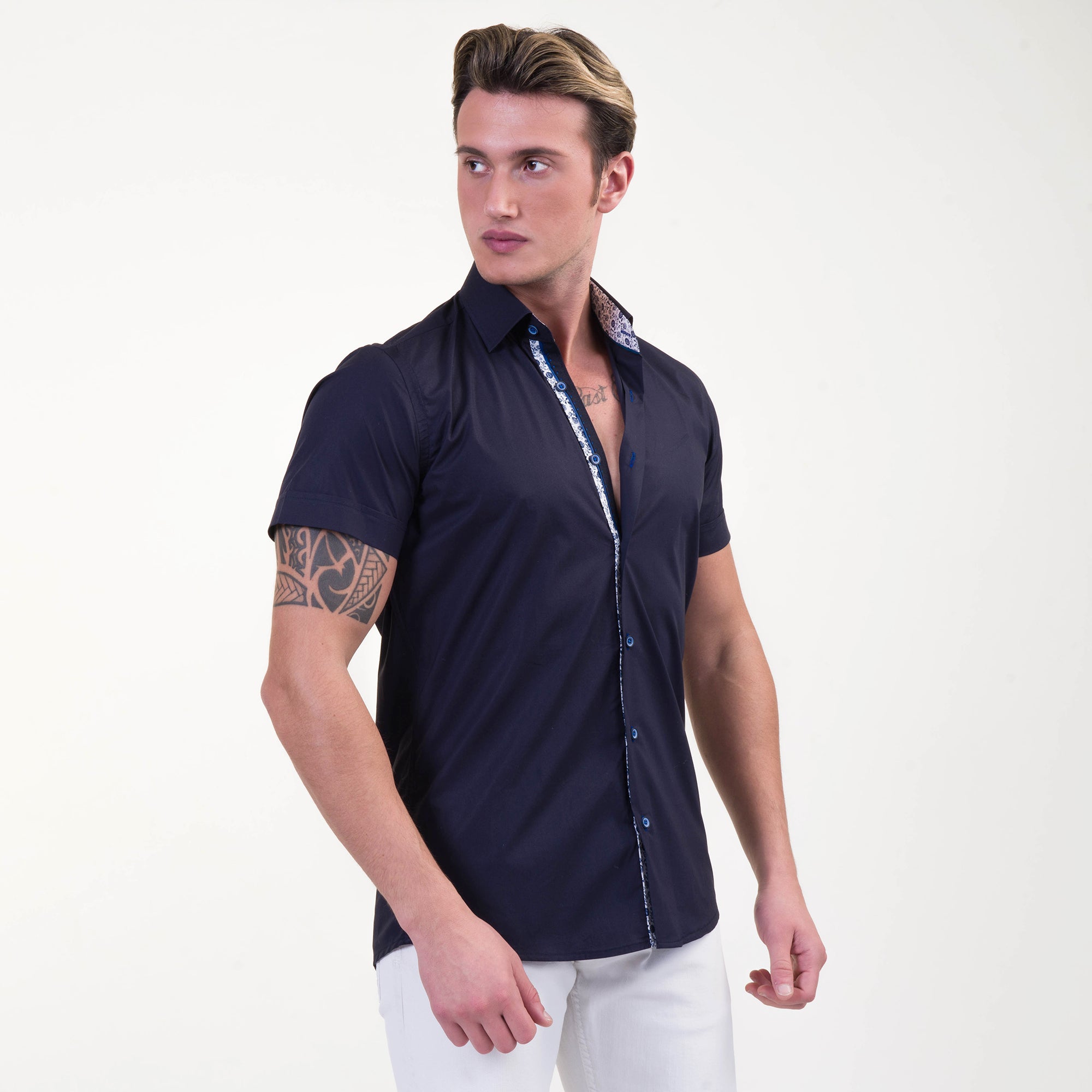 Midnight Blue Mens Short Sleeve Button up Shirts - Tailored Slim Fit Cotton Dress Shirts - Image 3