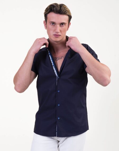 Midnight Blue Mens Short Sleeve Button up Shirts – Tailored Slim Fit Cotton Dress Shirts