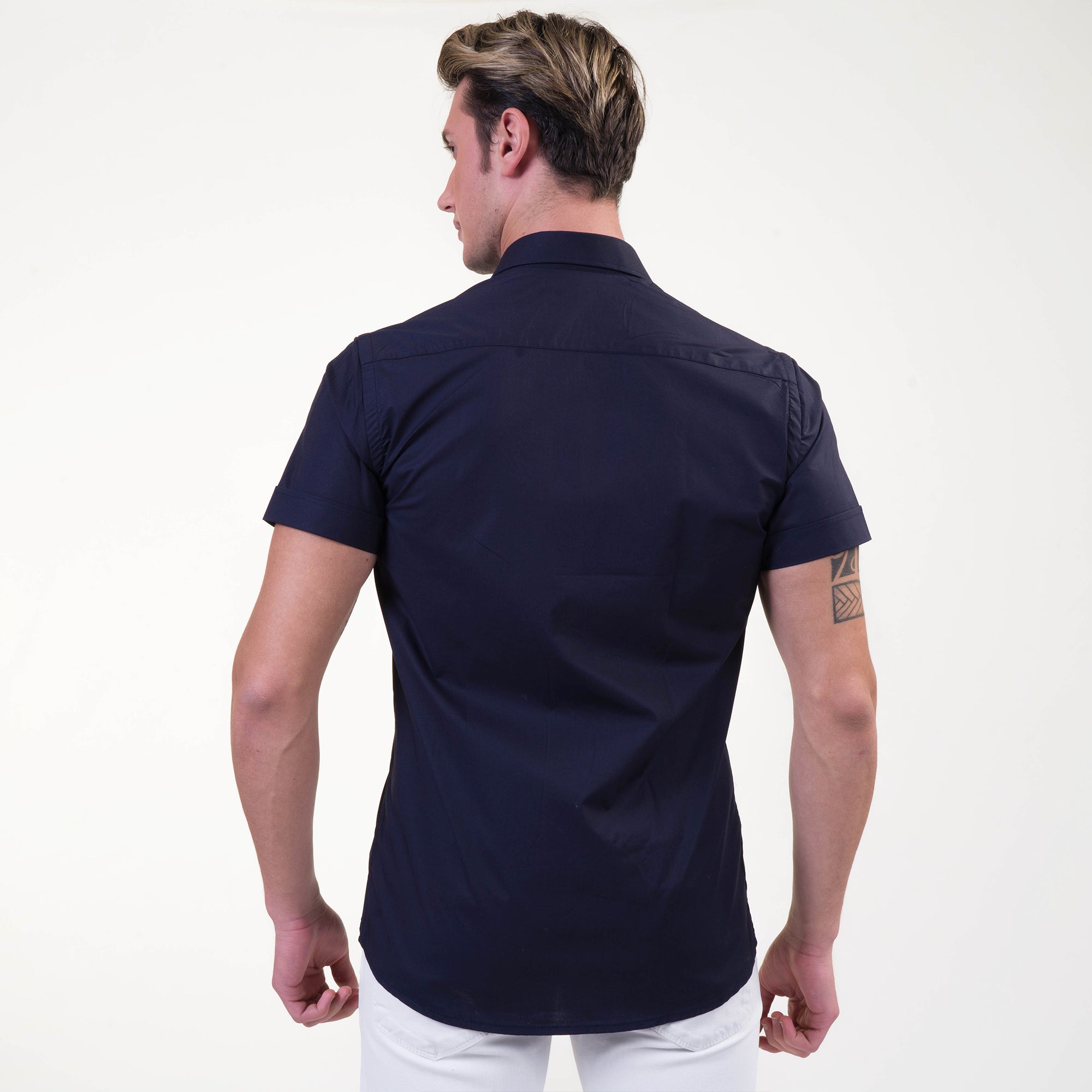 Midnight Blue Mens Short Sleeve Button up Shirts - Tailored Slim Fit Cotton Dress Shirts - Image 5