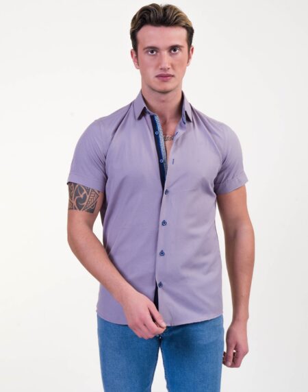 Grayish Blue Mens Short Sleeve Button up Shirts – Tailored Slim Fit Cotton Dress Shirts