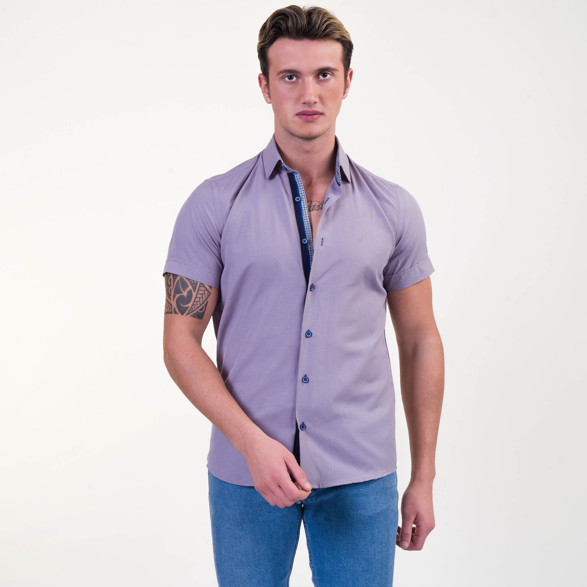 Grayish Blue Mens Short Sleeve Button up Shirts - Tailored Slim Fit Cotton Dress Shirts - Image 6