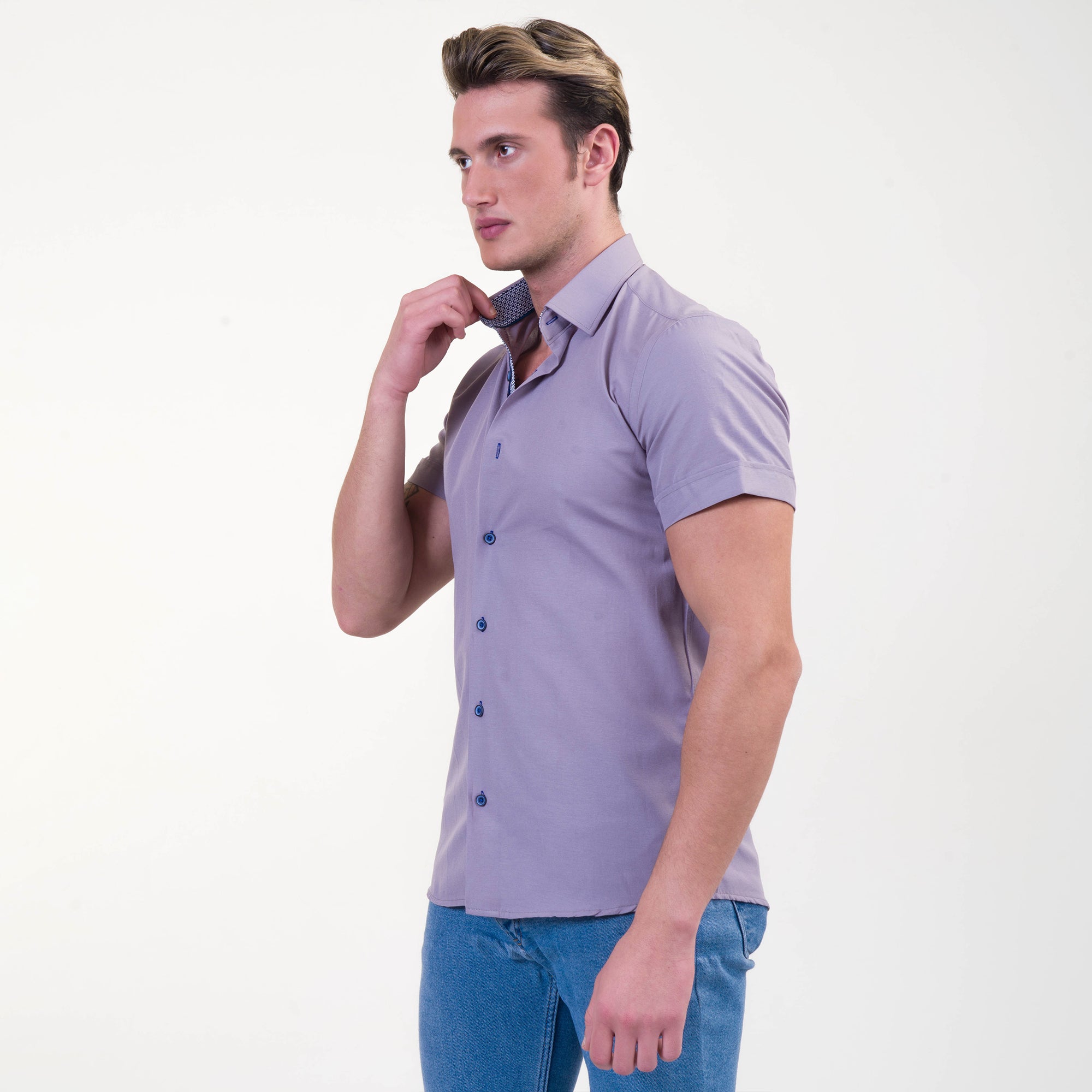 Grayish Blue Mens Short Sleeve Button up Shirts - Tailored Slim Fit Cotton Dress Shirts - Image 2