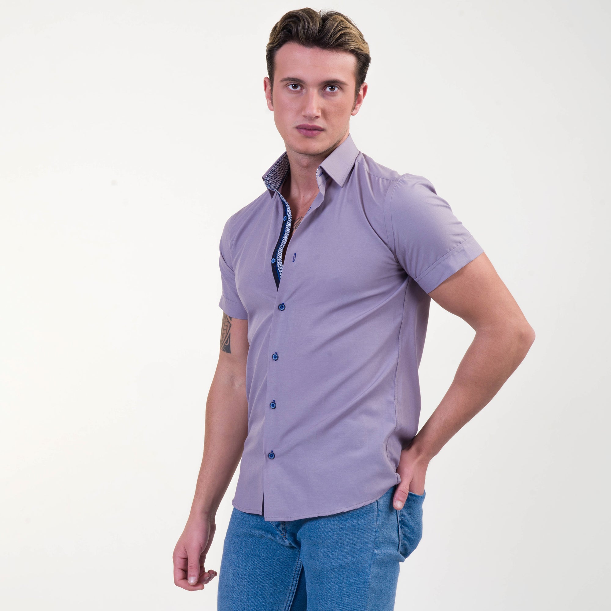Grayish Blue Mens Short Sleeve Button up Shirts - Tailored Slim Fit Cotton Dress Shirts - Image 3