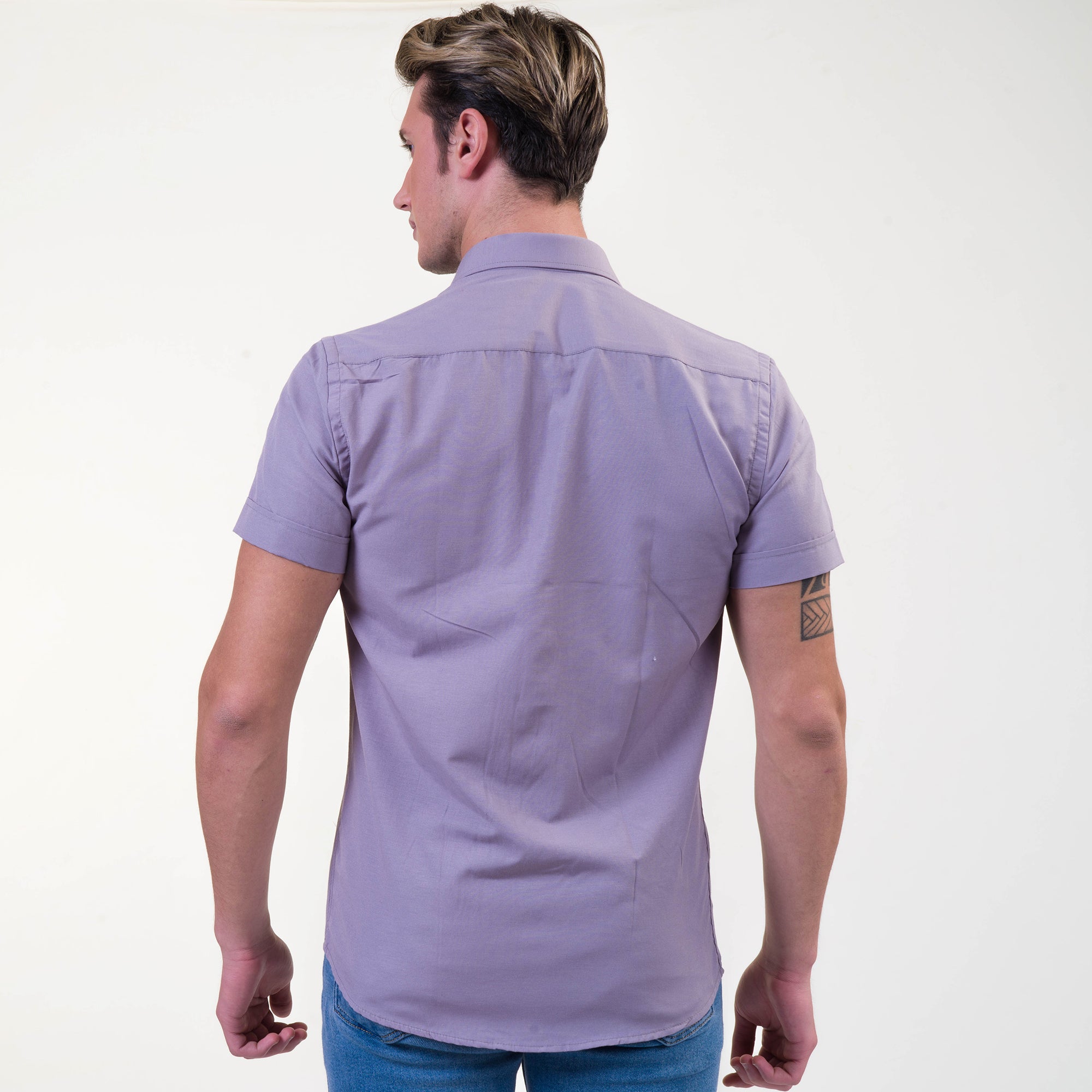 Grayish Blue Mens Short Sleeve Button up Shirts - Tailored Slim Fit Cotton Dress Shirts - Image 5
