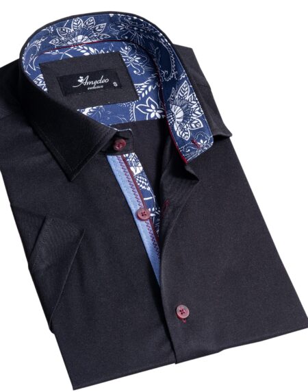 Solid Black Mens Short Sleeve Button up Shirts – Tailored Slim Fit Cotton Dress Shirts