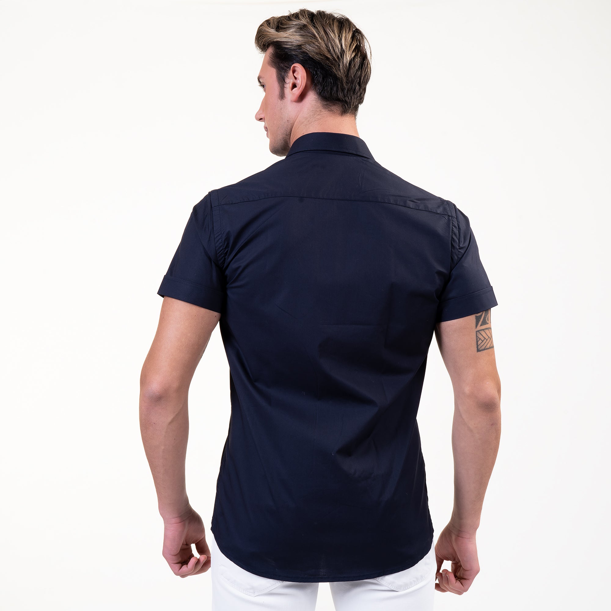 Solid Black Mens Short Sleeve Button up Shirts - Tailored Slim Fit Cotton Dress Shirts - Image 2