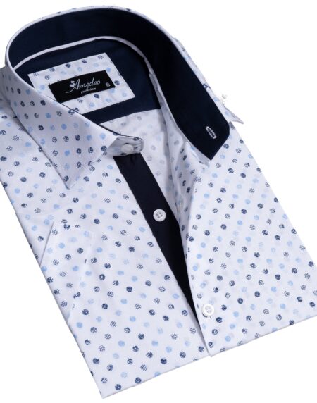 White Blue Dots Mens Short Sleeve Button up Shirts – Tailored Slim Fit Cotton Dress Shirts