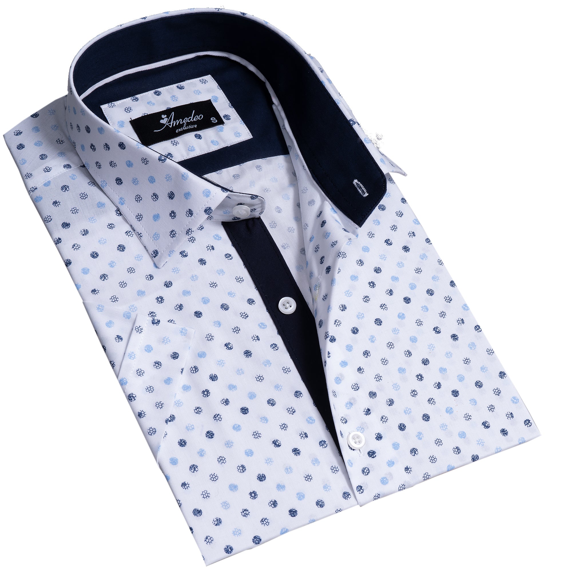 White Blue Dots Mens Short Sleeve Button up Shirts – Tailored Slim Fit Cotton Dress Shirts