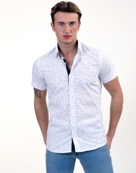 White Blue Dots Mens Short Sleeve Button up Shirts – Tailored Slim Fit Cotton Dress Shirts