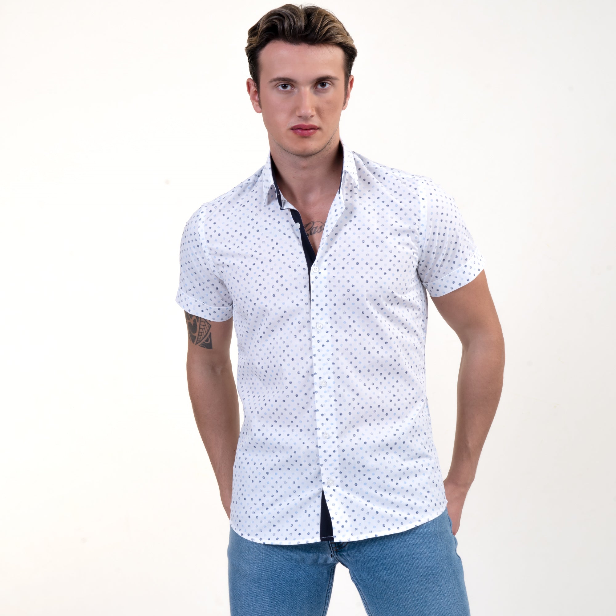 White Blue Dots Mens Short Sleeve Button up Shirts - Tailored Slim Fit Cotton Dress Shirts - Image 3