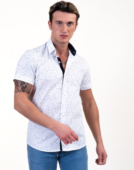 White Blue Dots Mens Short Sleeve Button up Shirts – Tailored Slim Fit Cotton Dress Shirts