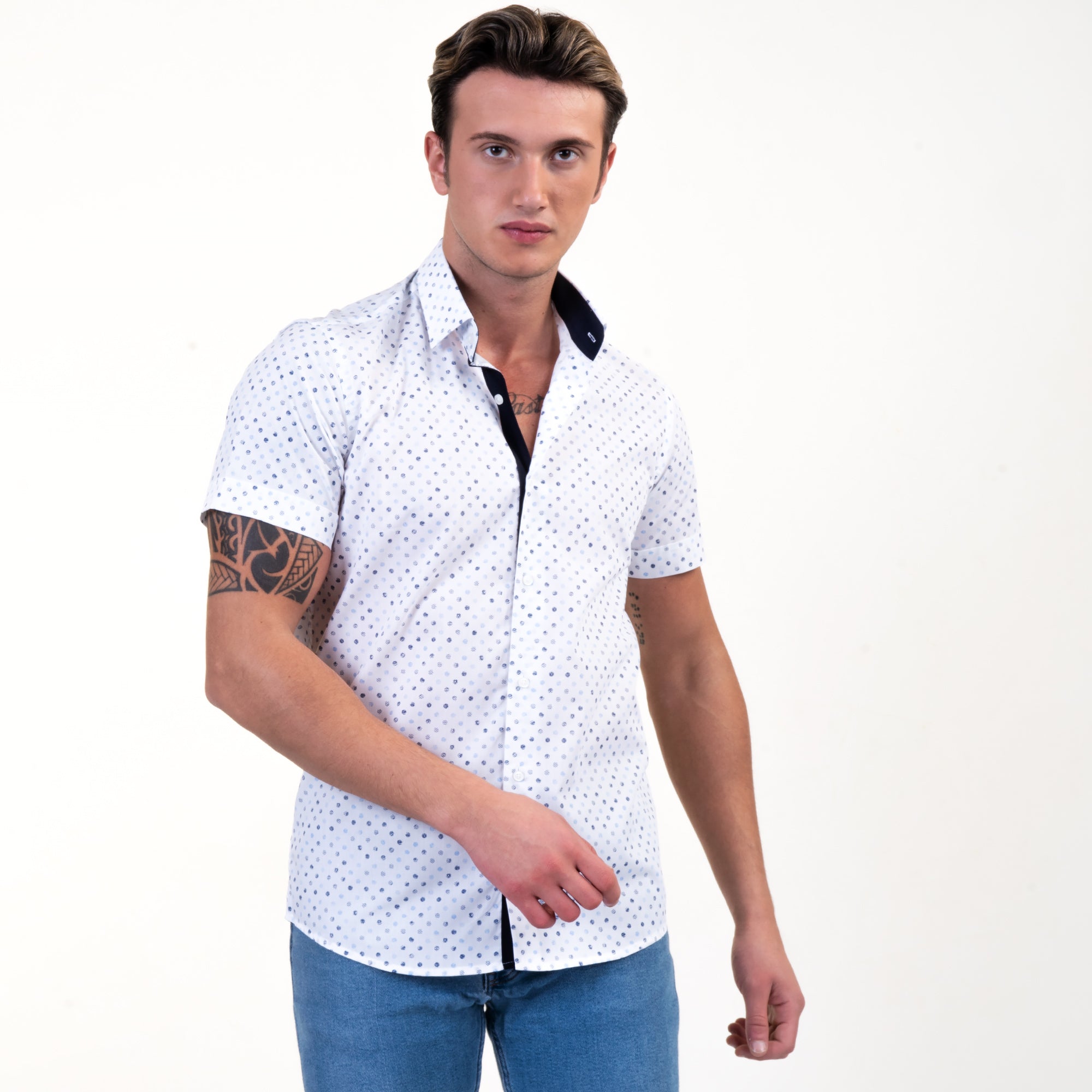 White Blue Dots Mens Short Sleeve Button up Shirts - Tailored Slim Fit Cotton Dress Shirts - Image 2