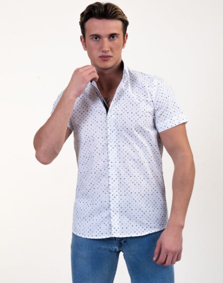 White Blue Dots Mens Short Sleeve Button up Shirts – Tailored Slim Fit Cotton Dress Shirts