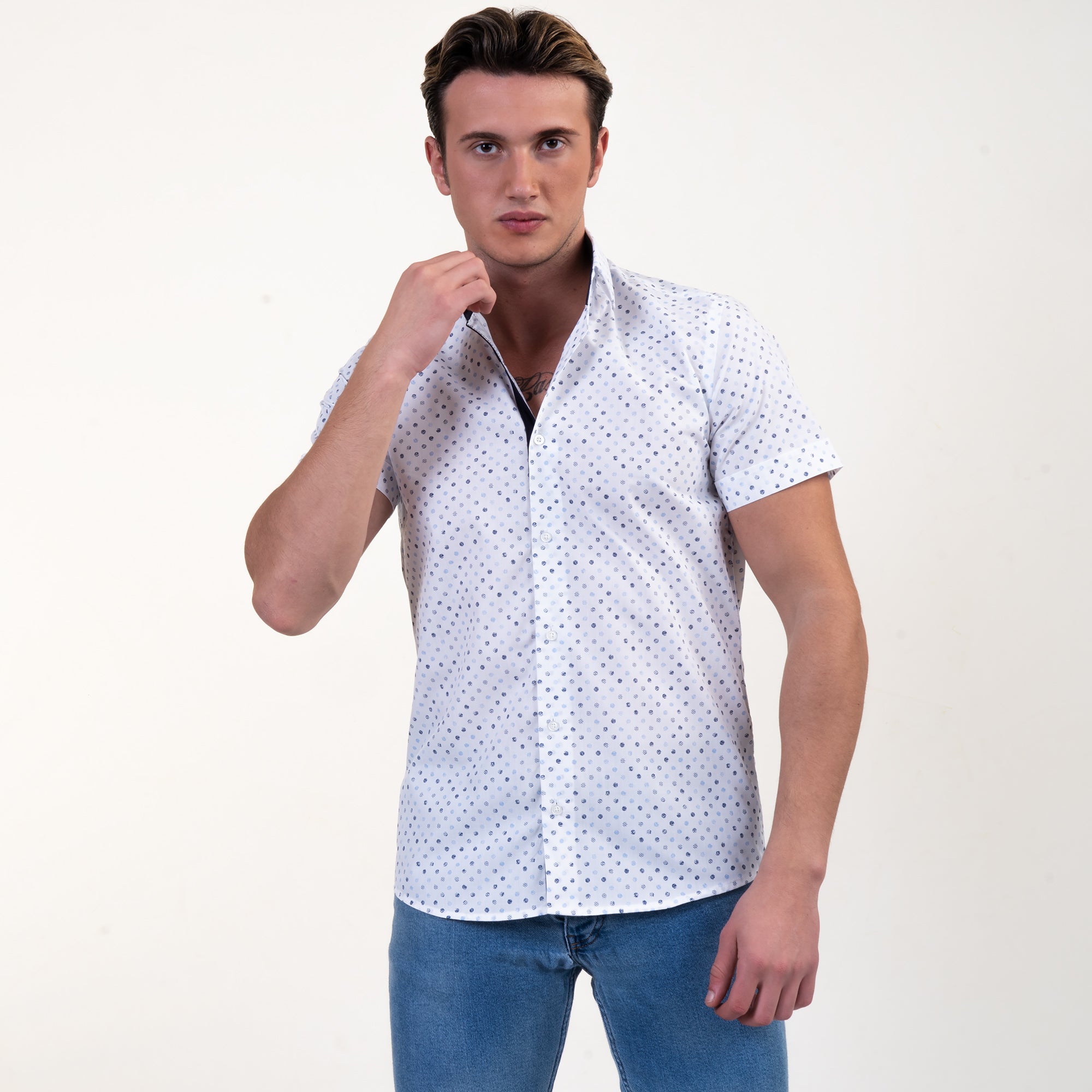 White Blue Dots Mens Short Sleeve Button up Shirts - Tailored Slim Fit Cotton Dress Shirts - Image 4