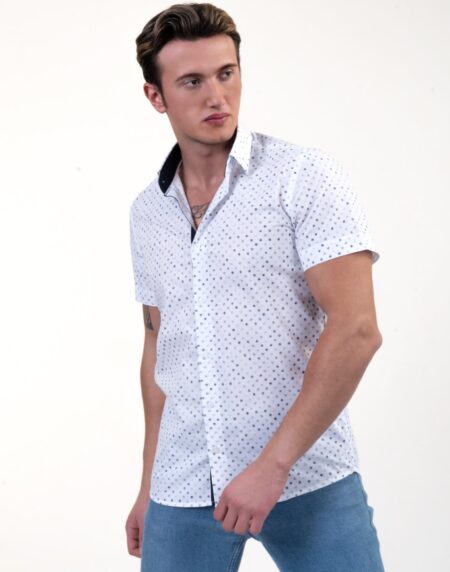 White Blue Dots Mens Short Sleeve Button up Shirts – Tailored Slim Fit Cotton Dress Shirts