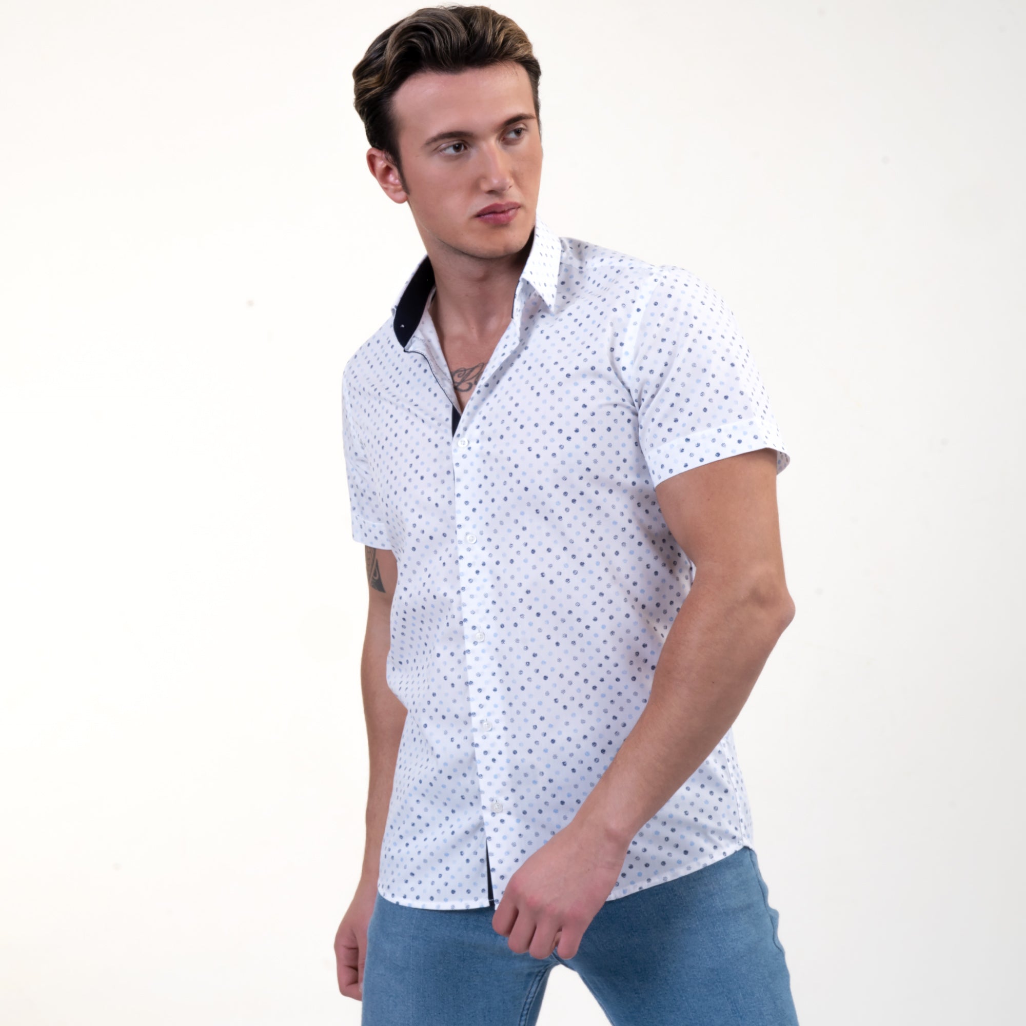 White Blue Dots Mens Short Sleeve Button up Shirts - Tailored Slim Fit Cotton Dress Shirts - Image 5