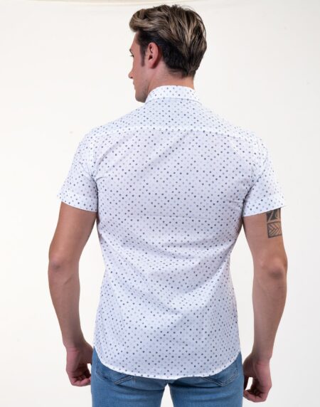 White Blue Dots Mens Short Sleeve Button up Shirts – Tailored Slim Fit Cotton Dress Shirts