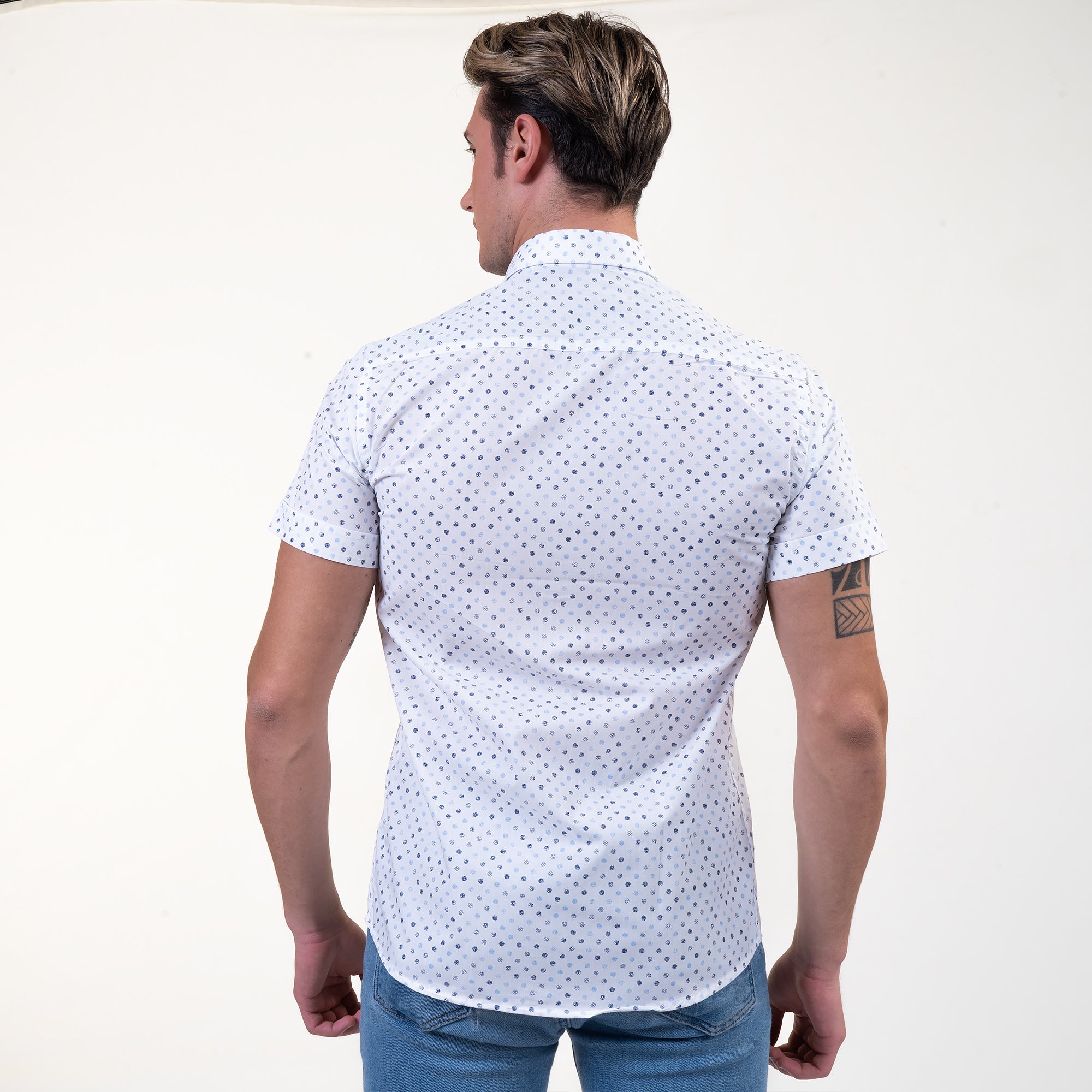 White Blue Dots Mens Short Sleeve Button up Shirts - Tailored Slim Fit Cotton Dress Shirts - Image 6