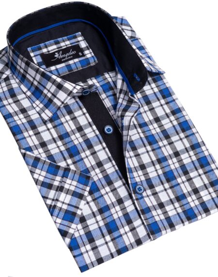Blue & White Checkered Mens Short Sleeve Button up Shirts – Tailored Slim Fit Cotton Dress Shirts