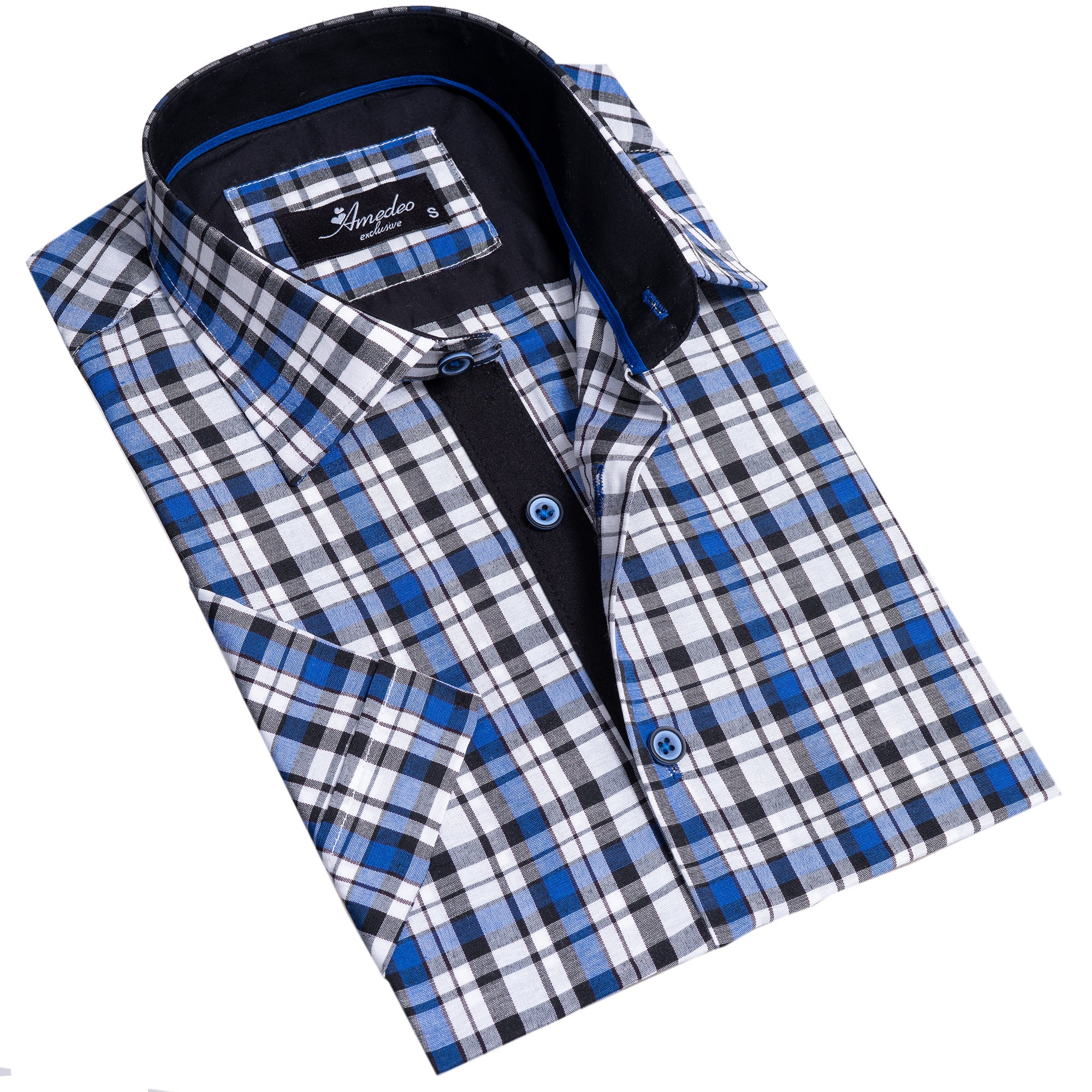 Blue & White Checkered Mens Short Sleeve Button up Shirts – Tailored Slim Fit Cotton Dress Shirts