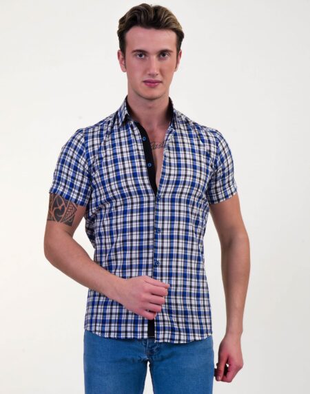 Blue & White Checkered Mens Short Sleeve Button up Shirts – Tailored Slim Fit Cotton Dress Shirts