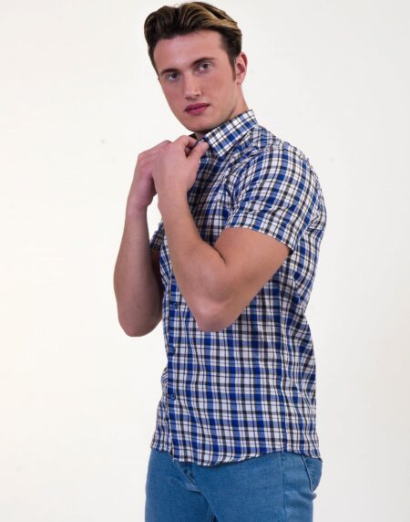 Blue & White Checkered Mens Short Sleeve Button up Shirts – Tailored Slim Fit Cotton Dress Shirts