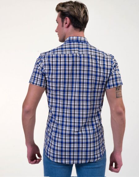 Blue & White Checkered Mens Short Sleeve Button up Shirts – Tailored Slim Fit Cotton Dress Shirts