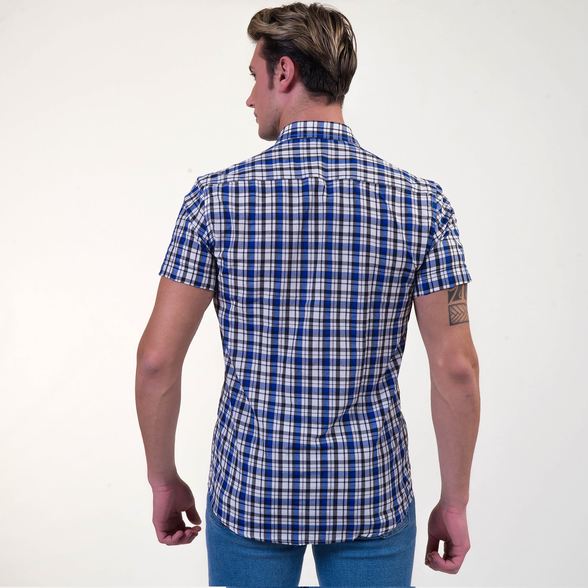 Blue & White Checkered Mens Short Sleeve Button up Shirts - Tailored Slim Fit Cotton Dress Shirts - Image 4